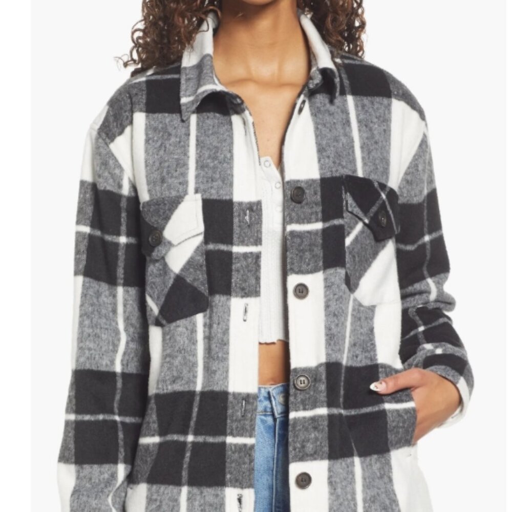 Thread & Supply Plaid Flannel Shacket XS Black White Plaid